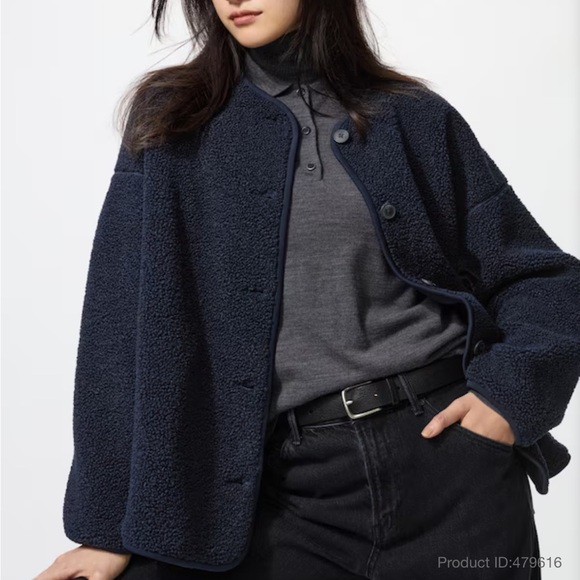 UNIQLO Round Collarless Cardigan Pile Lined Sherpa Black Fleece Jacket- Size Xl - Picture 8 of 8